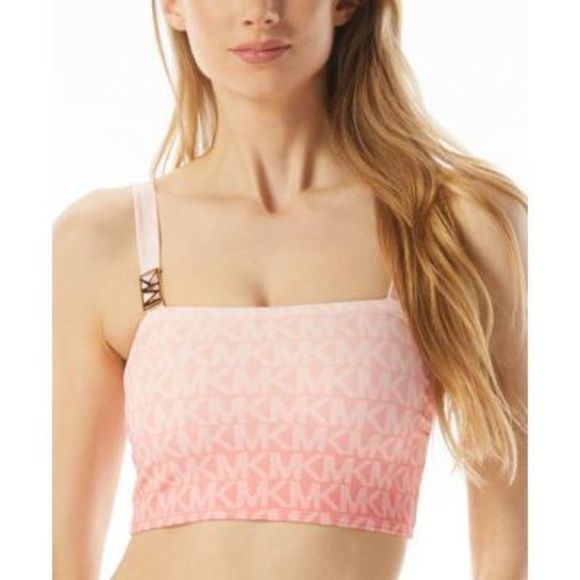 Michael Kors Square Neck Logo Pink Cropped Bikini Top Swimsuit Medium M - Picture 1 of 1